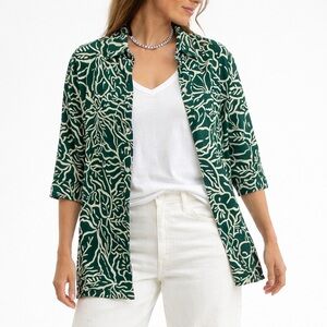 Gap 🆕 Tunic Top Short Sleeve Shirt Blouse Green Cream Botanical Vacay Top S-Tall